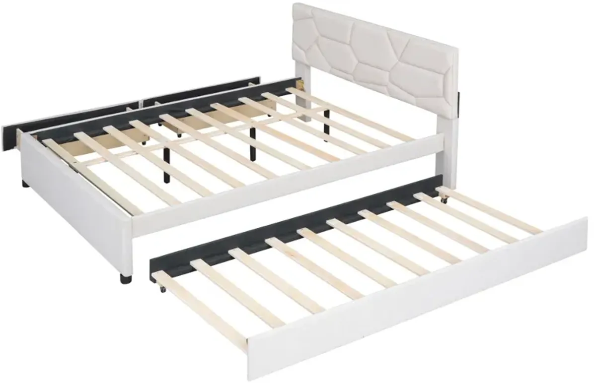 Upholstered Platform Bed With Brick Pattern Headboard And Twin Long Size Trundle