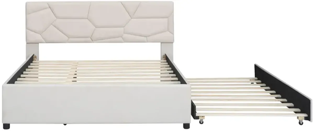 Upholstered Platform Bed With Brick Pattern Headboard And Twin Long Size Trundle