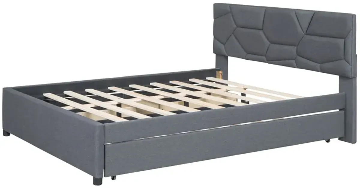 Upholstered Platform Bed With Brick Pattern Headboard And Twin Long Size Trundle