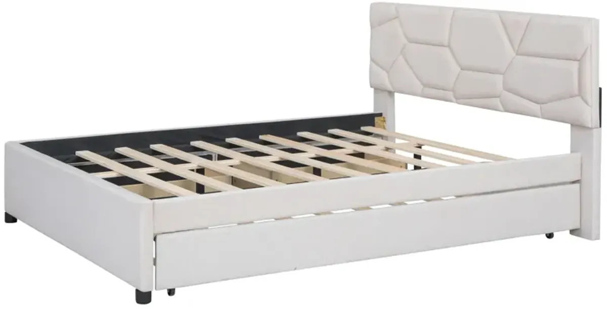 Upholstered Platform Bed With Brick Pattern Headboard And Twin Long Size Trundle