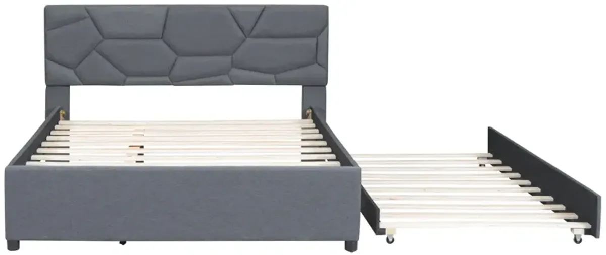 Upholstered Platform Bed With Brick Pattern Headboard And Twin Long Size Trundle