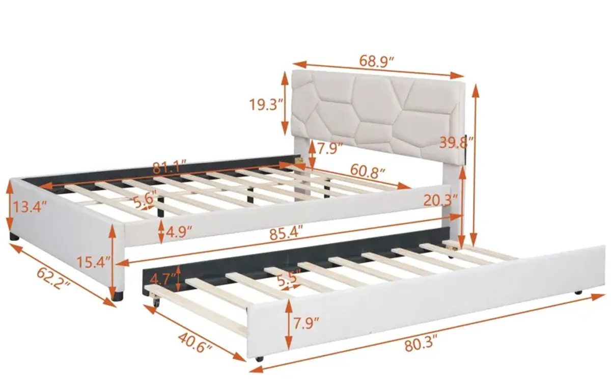 Upholstered Platform Bed With Brick Pattern Headboard And Twin Long Size Trundle