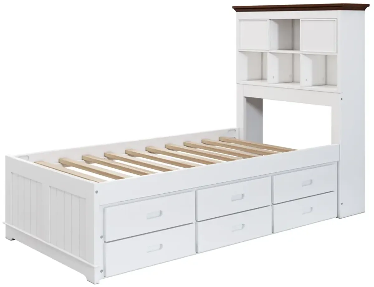 Solid Pine Captain Bookcase Bed With Trundle Bed And 3 Spacious Under Bed Drawers In Casual