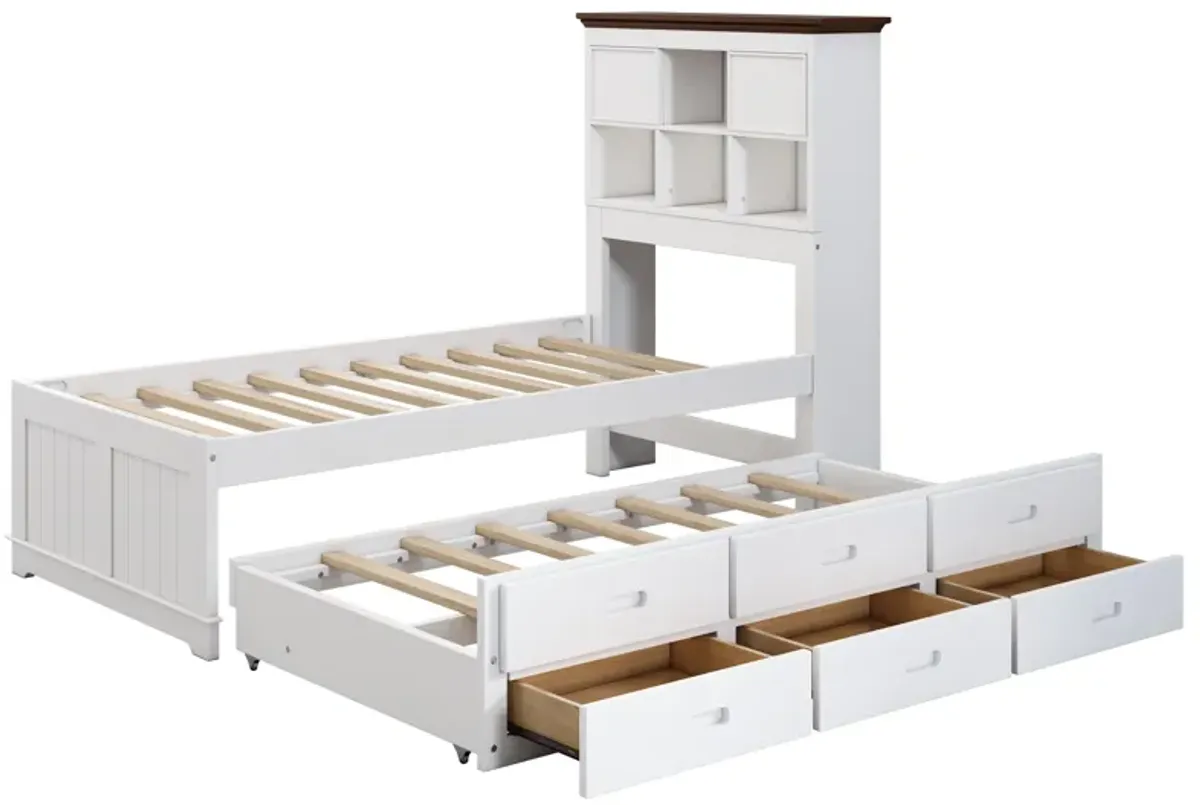 Solid Pine Captain Bookcase Bed With Trundle Bed And 3 Spacious Under Bed Drawers In Casual