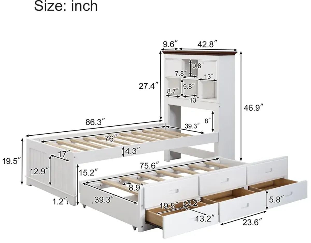 Solid Pine Captain Bookcase Bed With Trundle Bed And 3 Spacious Under Bed Drawers In Casual