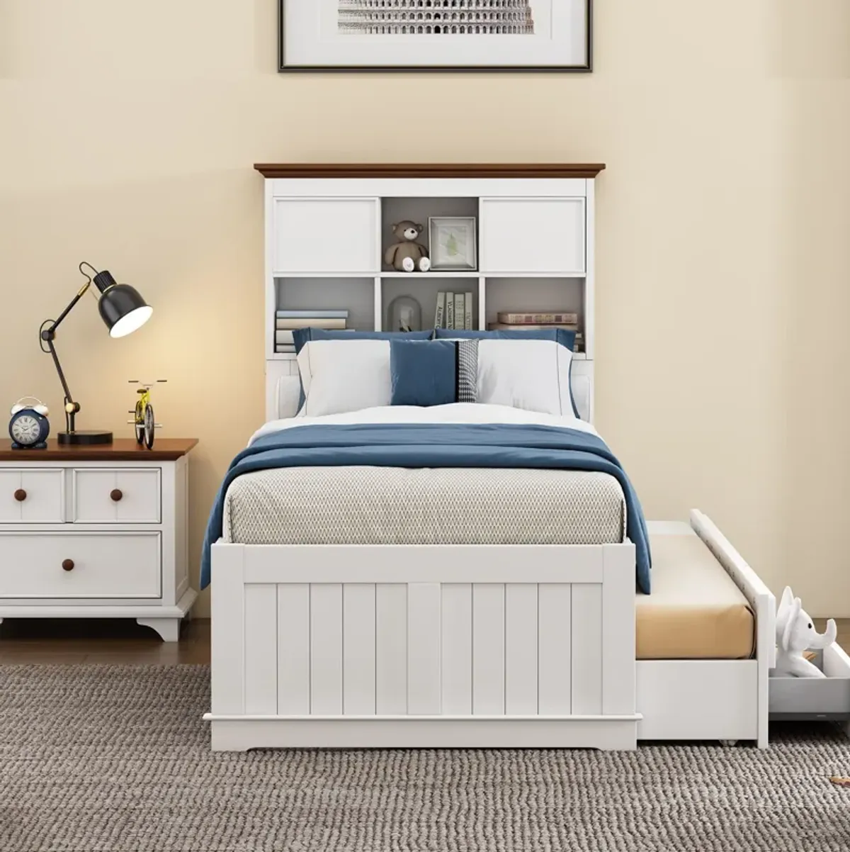 Solid Pine Captain Bookcase Bed With Trundle Bed And 3 Spacious Under Bed Drawers In Casual