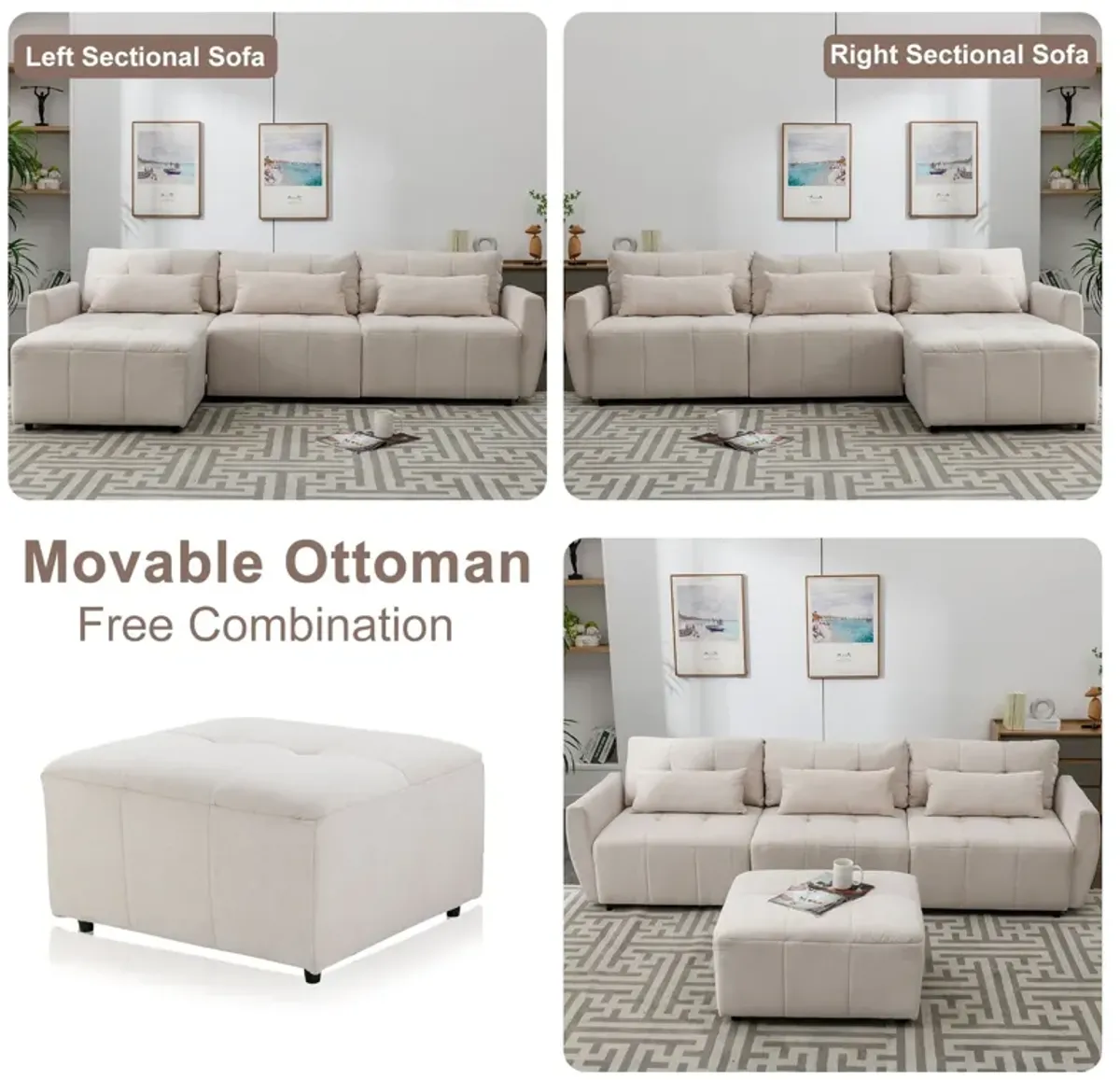 Convertible Sectional Sofa Couch 3 Seat L-Shaped Sofa With Movable Ottoman And USB For Apartment, Living Room, Bedroom