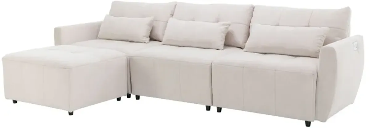 Convertible Sectional Sofa Couch 3 Seat L-Shaped Sofa With Movable Ottoman And USB For Apartment, Living Room, Bedroom