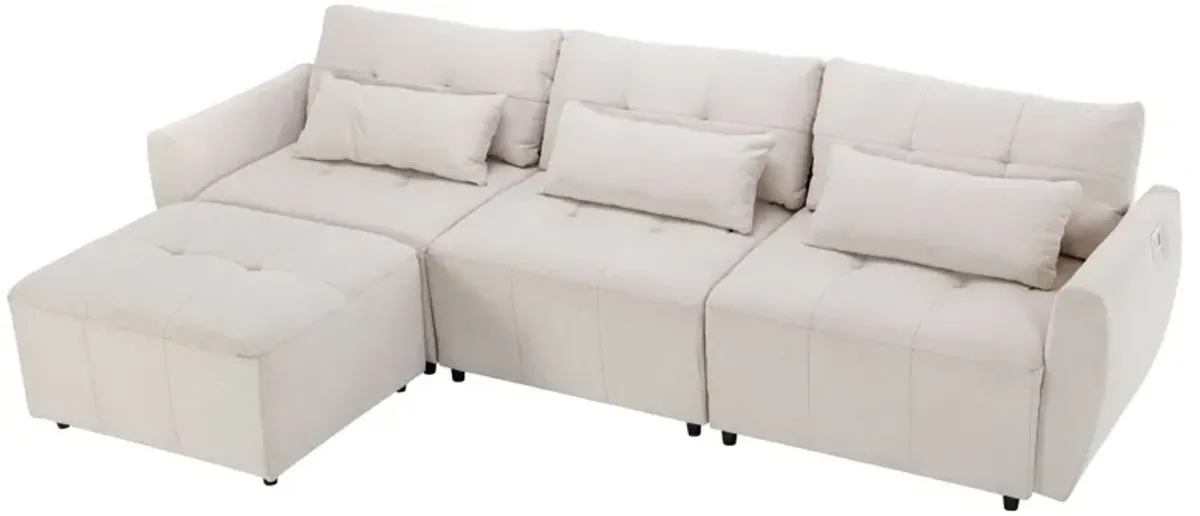 Convertible Sectional Sofa Couch 3 Seat L-Shaped Sofa With Movable Ottoman And USB For Apartment, Living Room, Bedroom