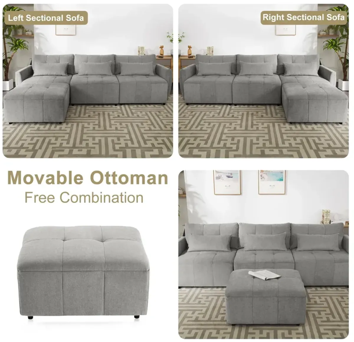 Convertible Sectional Sofa Couch 3 Seat L-Shaped Sofa With Movable Ottoman And USB For Apartment, Living Room, Bedroom