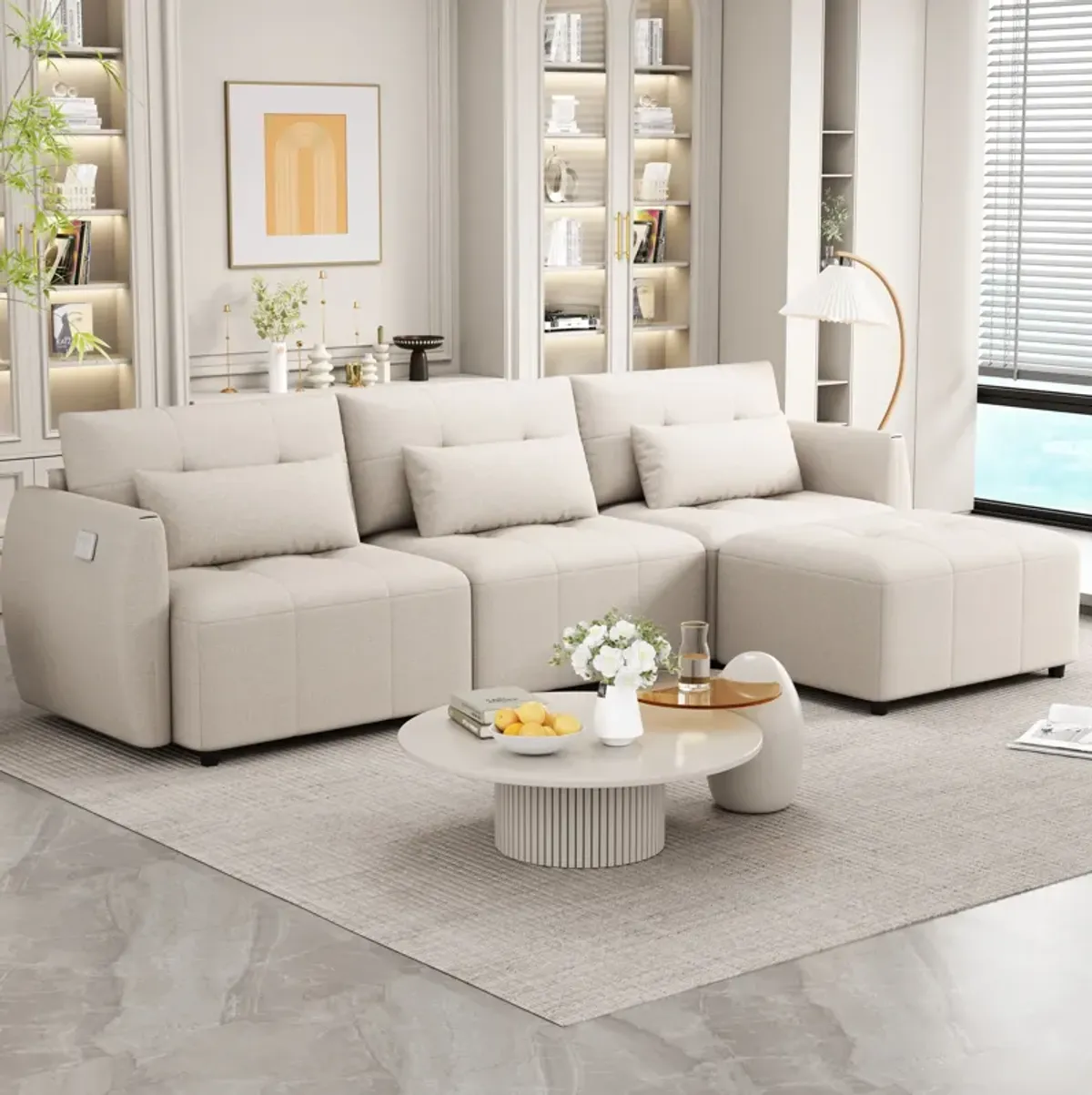 Convertible Sectional Sofa Couch 3 Seat L-Shaped Sofa With Movable Ottoman And USB For Apartment, Living Room, Bedroom