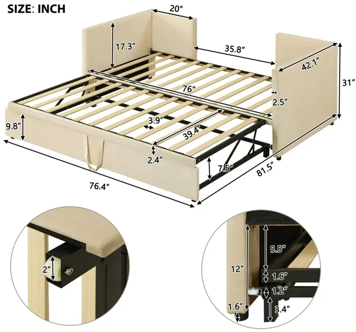 Twin Size Upholstered Daybed With Pop Up Trundle