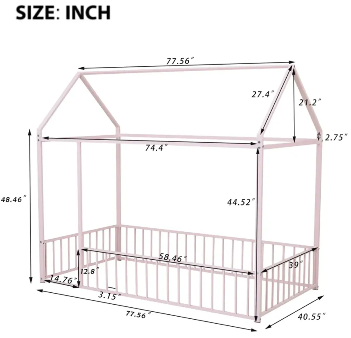 Twin Size Metal Bed House Bed Frame With Fence, For Kids, Teens, Girls, Boys