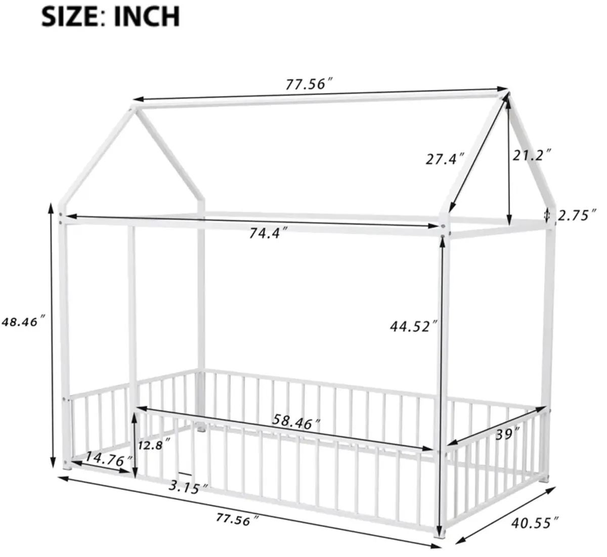 Twin Size Metal Bed House Bed Frame With Fence, For Kids, Teens, Girls, Boys