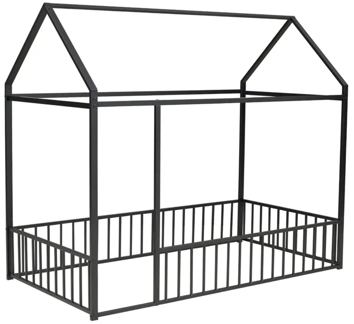 Twin Size Metal Bed House Bed Frame With Fence, For Kids, Teens, Girls, Boys