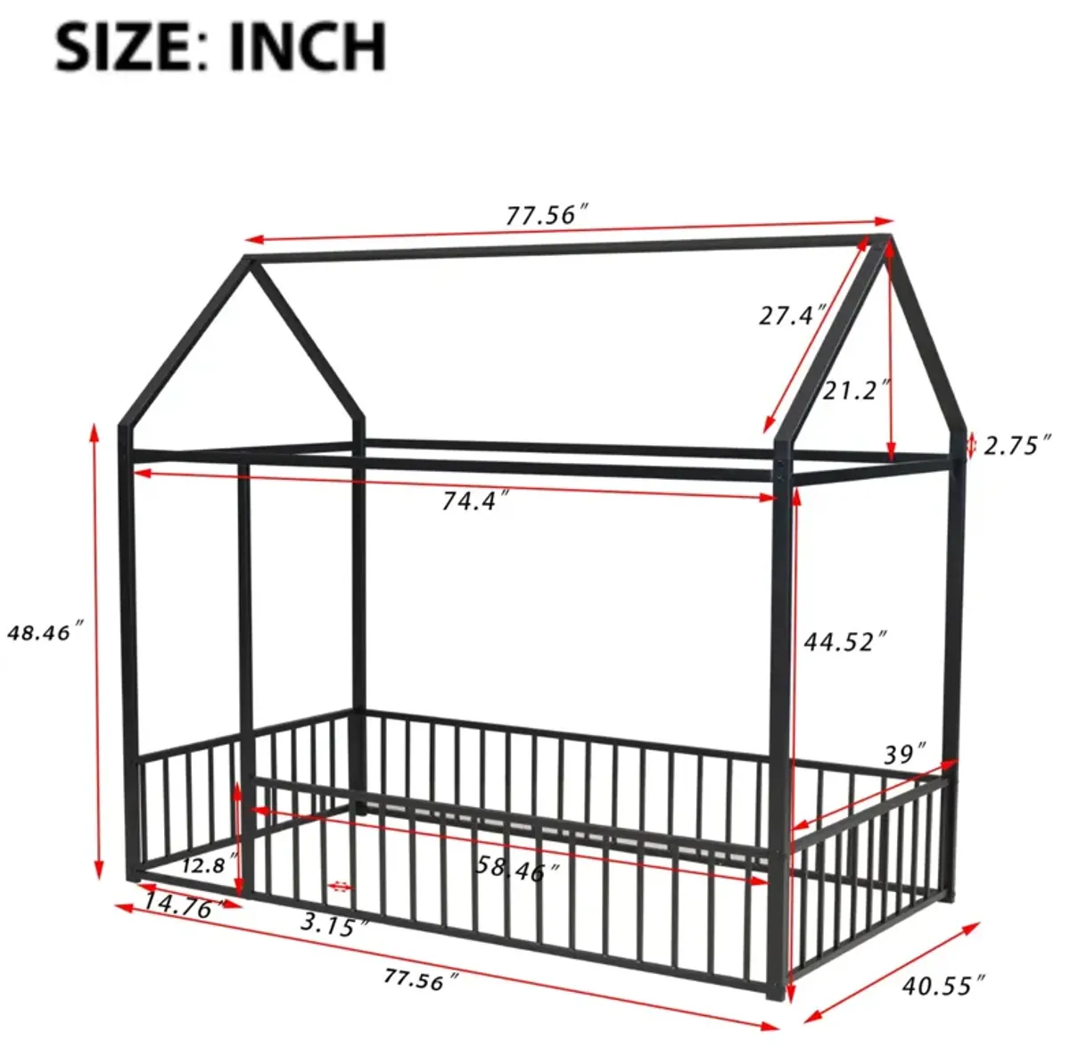 Twin Size Metal Bed House Bed Frame With Fence, For Kids, Teens, Girls, Boys