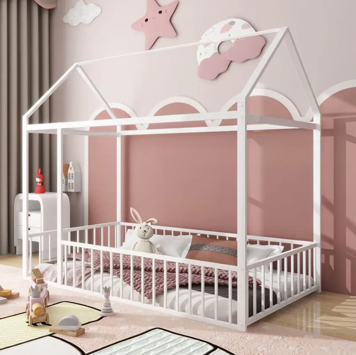 Twin Size Metal Bed House Bed Frame With Fence, For Kids, Teens, Girls, Boys