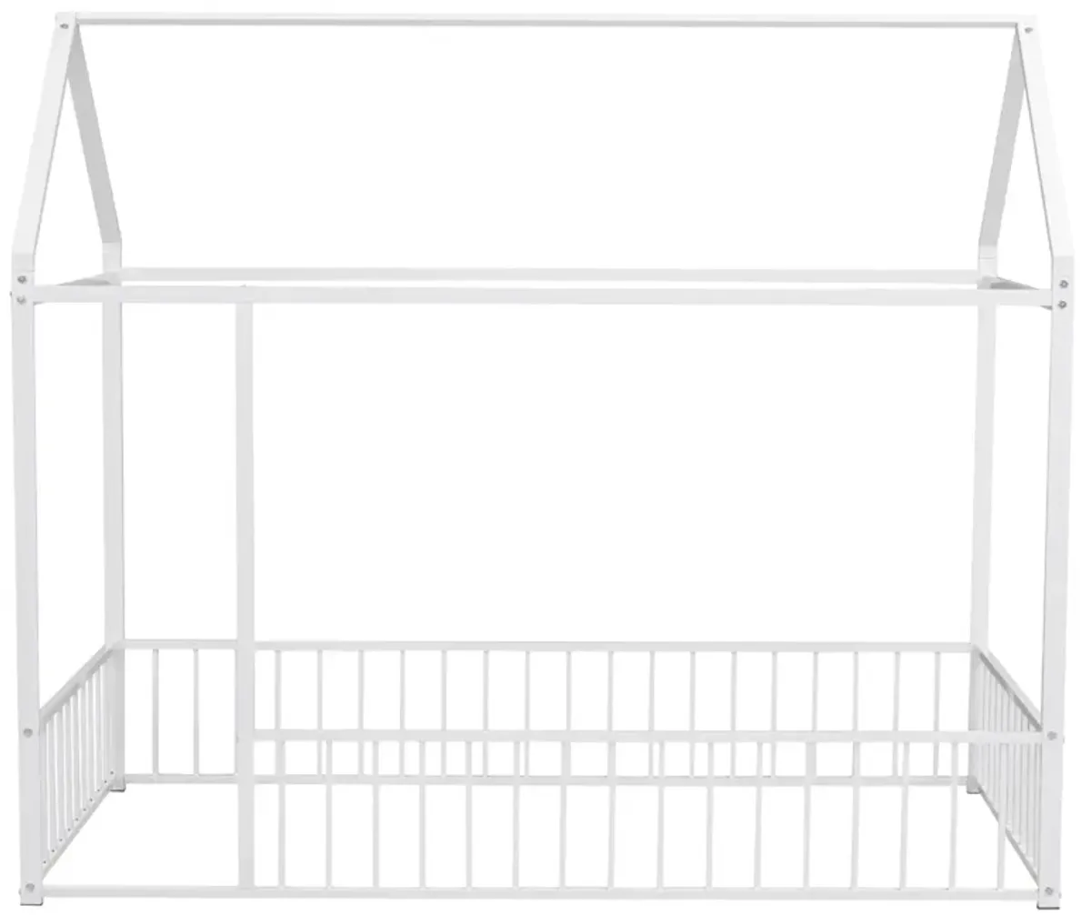 Twin Size Metal Bed House Bed Frame With Fence, For Kids, Teens, Girls, Boys