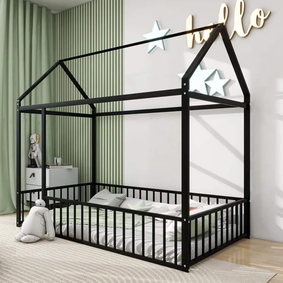 Twin Size Metal Bed House Bed Frame With Fence, For Kids, Teens, Girls, Boys