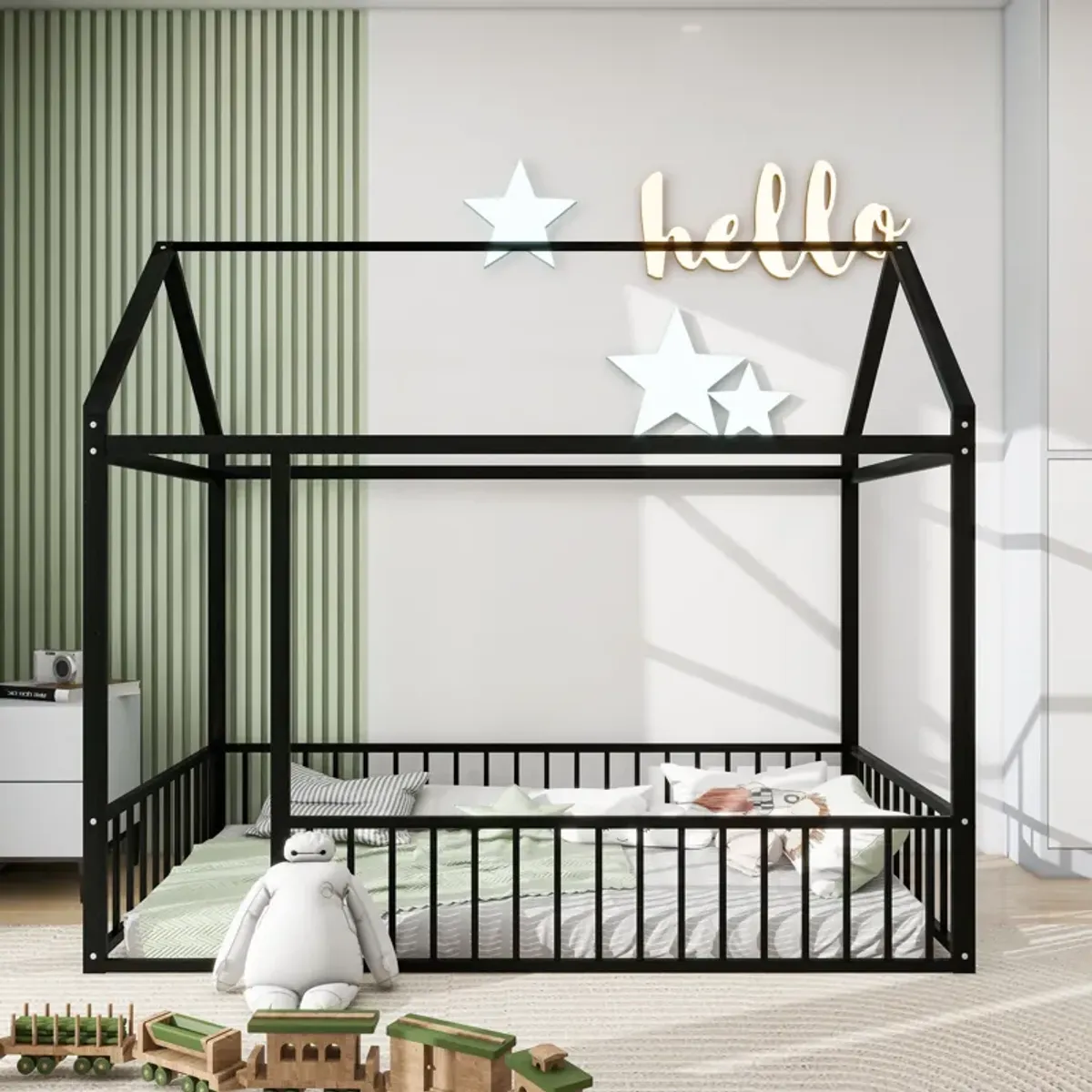 Twin Size Metal Bed House Bed Frame With Fence, For Kids, Teens, Girls, Boys