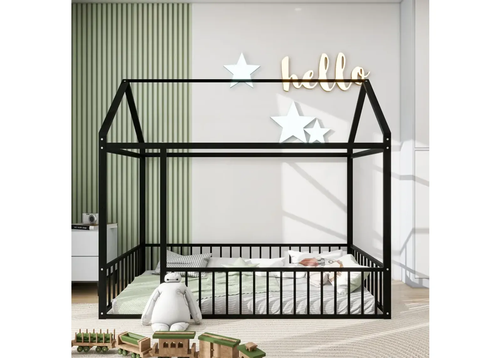 Twin Size Metal Bed House Bed Frame With Fence, For Kids, Teens, Girls, Boys