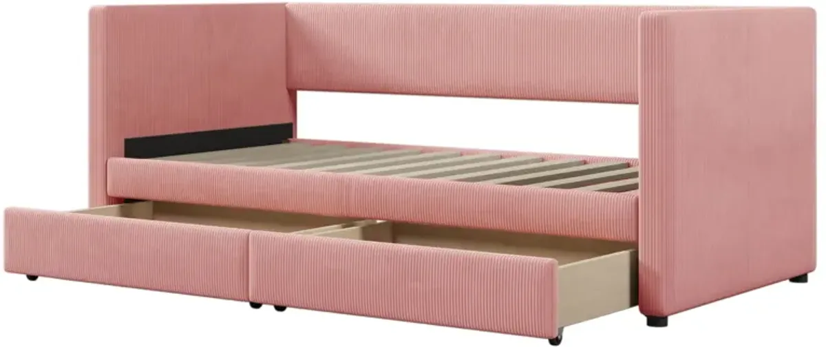 Twin Size Corduroy Daybed With Two Drawers And Wood Slat