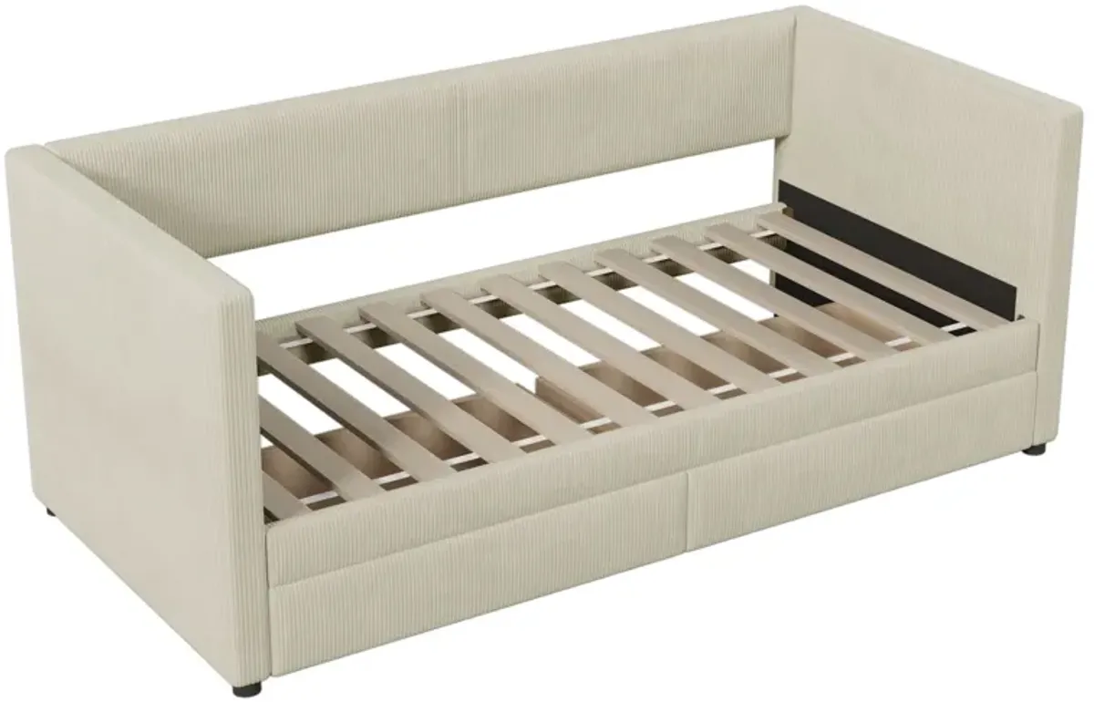 Twin Size Corduroy Daybed With Two Drawers And Wood Slat