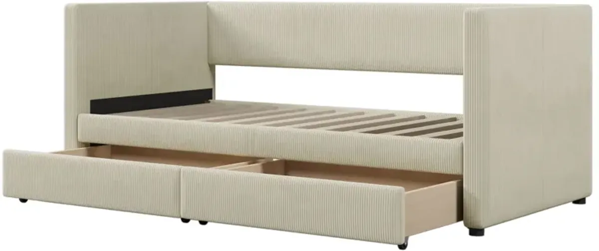 Twin Size Corduroy Daybed With Two Drawers And Wood Slat