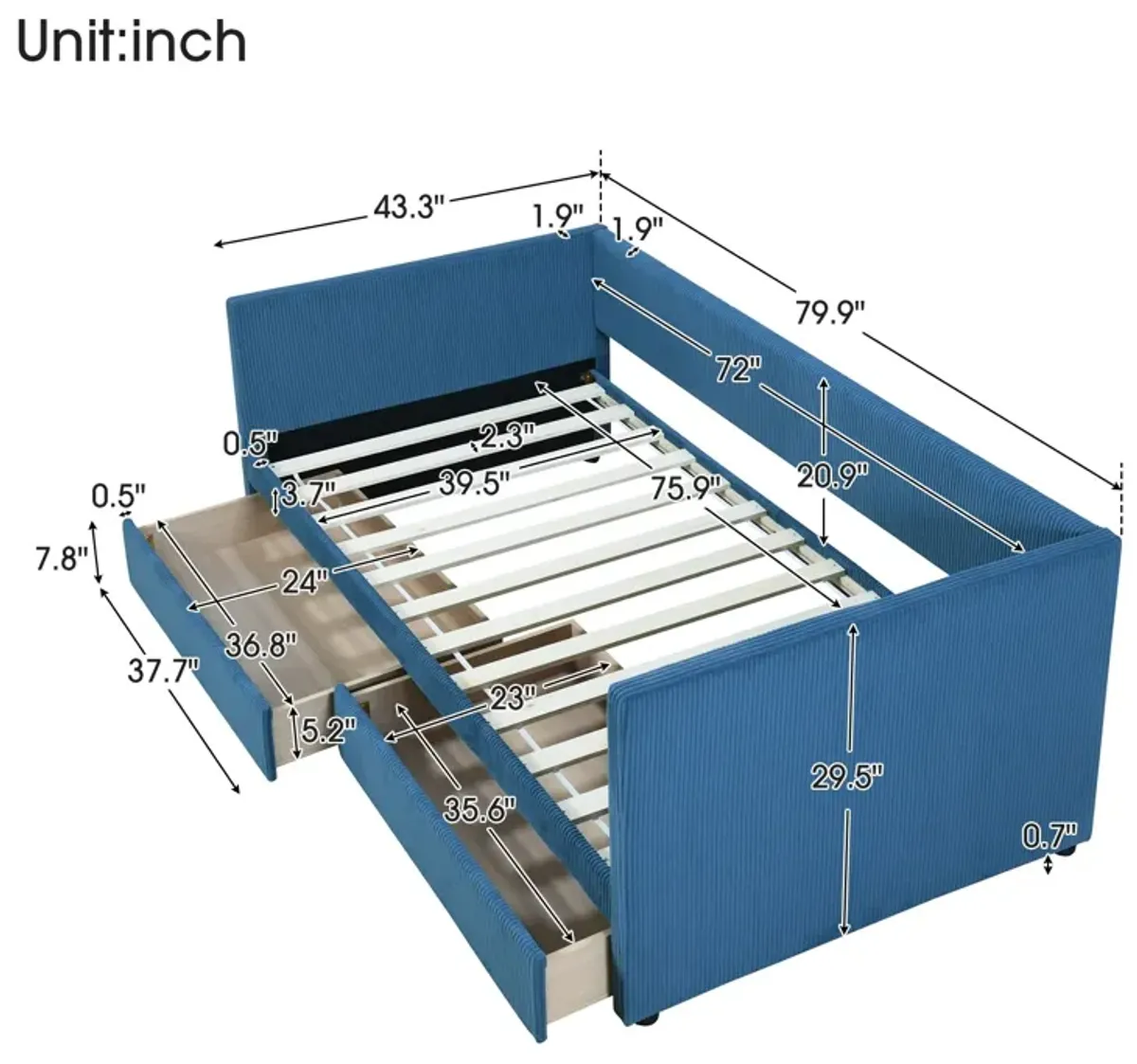 Twin Size Corduroy Daybed With Two Drawers And Wood Slat