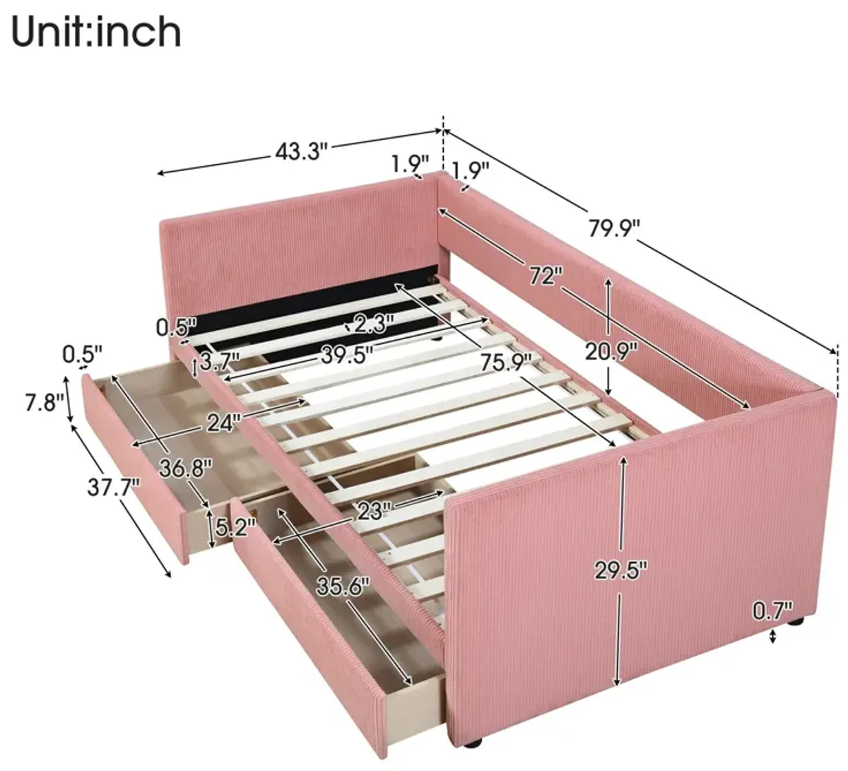 Twin Size Corduroy Daybed With Two Drawers And Wood Slat