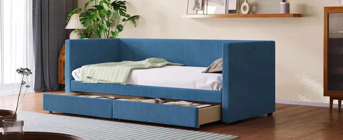 Twin Size Corduroy Daybed With Two Drawers And Wood Slat