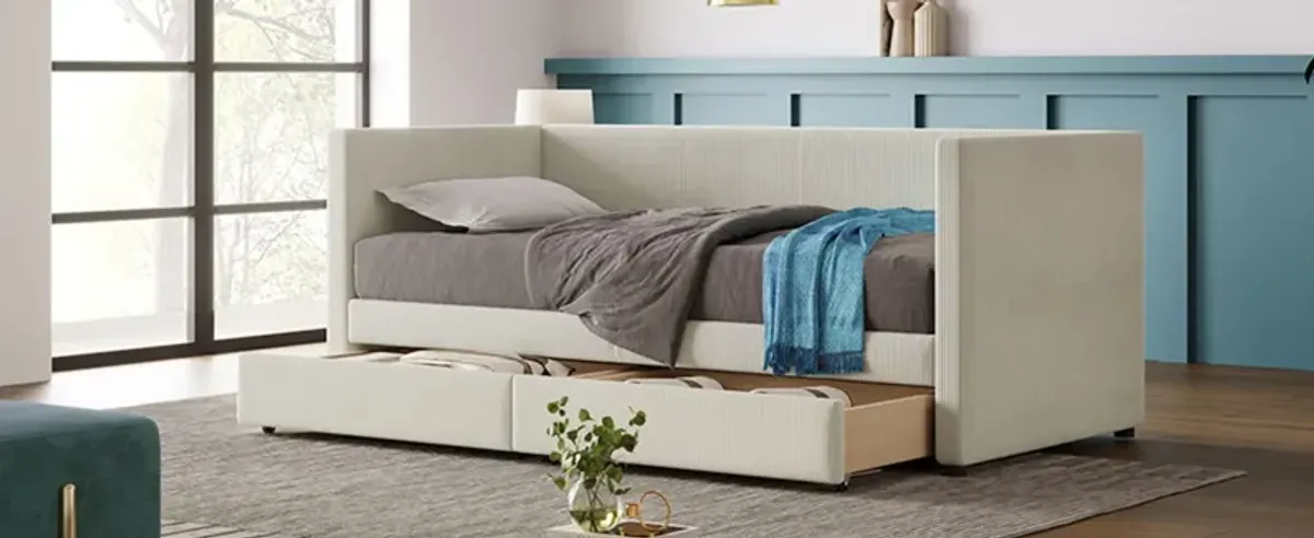 Twin Size Corduroy Daybed With Two Drawers And Wood Slat