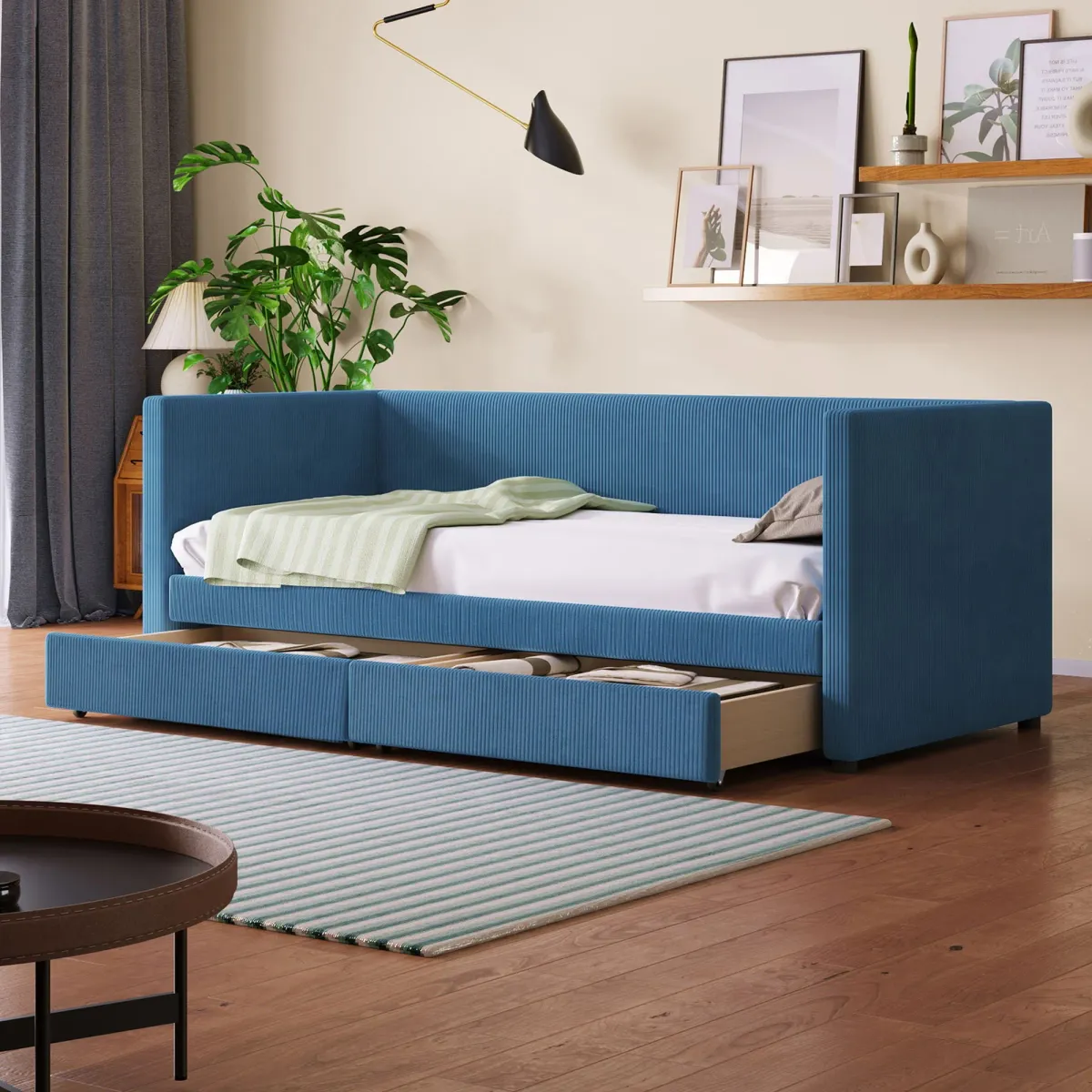 Twin Size Corduroy Daybed With Two Drawers And Wood Slat