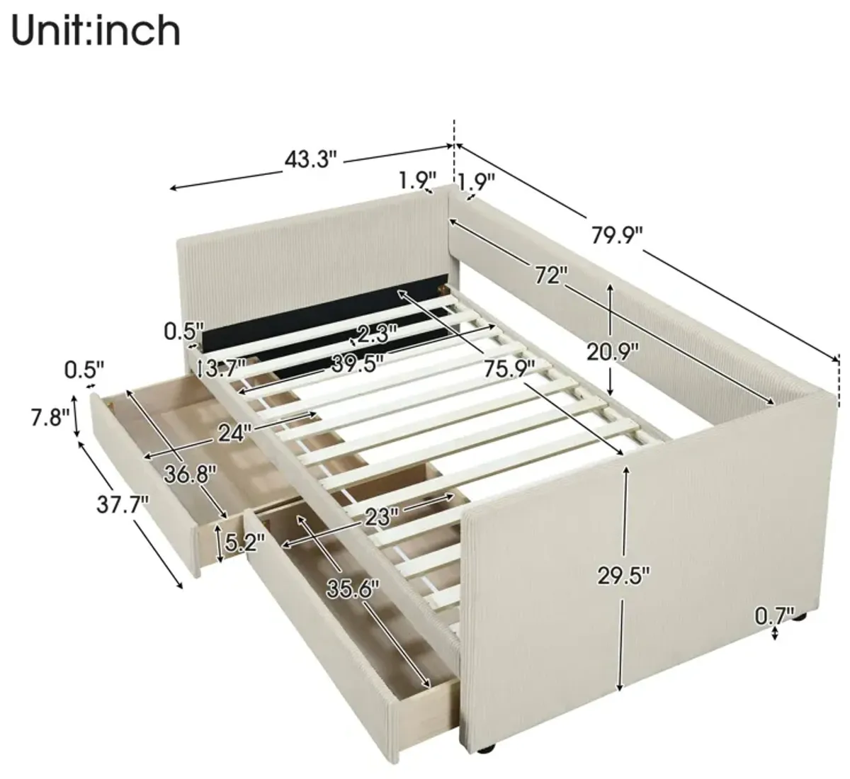 Twin Size Corduroy Daybed With Two Drawers And Wood Slat