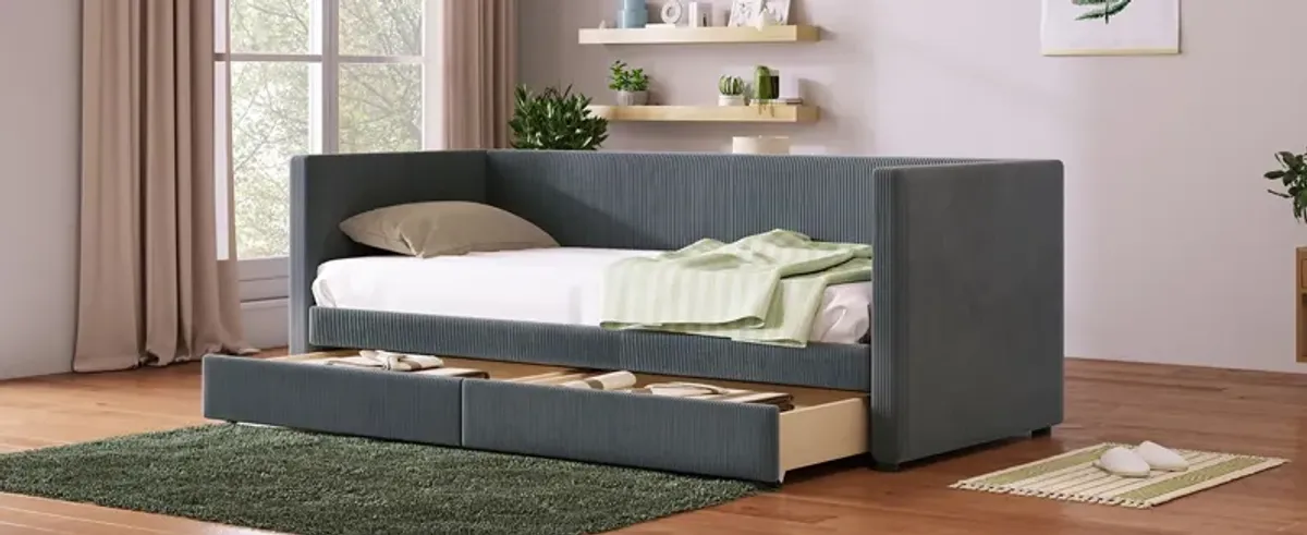 Twin Size Corduroy Daybed With Two Drawers And Wood Slat