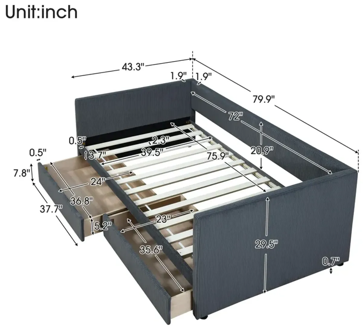 Twin Size Corduroy Daybed With Two Drawers And Wood Slat