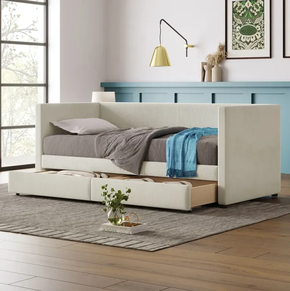 Twin Size Corduroy Daybed With Two Drawers And Wood Slat