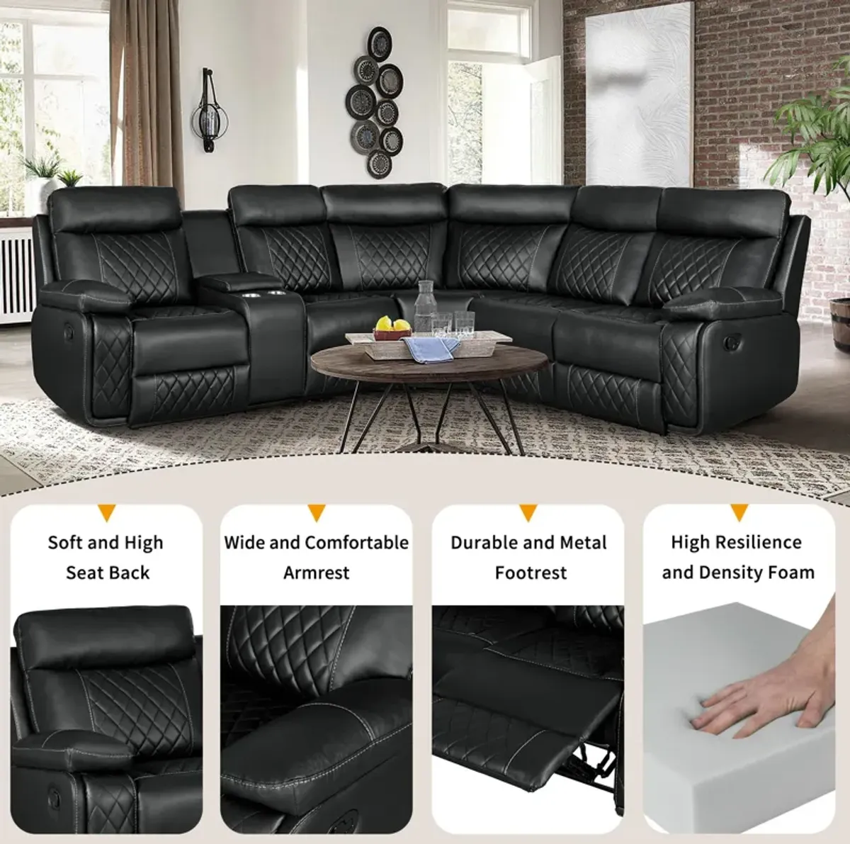 Home Theater Seating Manual Recliner With Cup Holder, Hide - Away Storage PU Reclining Sofa For Living Room, Home Theater