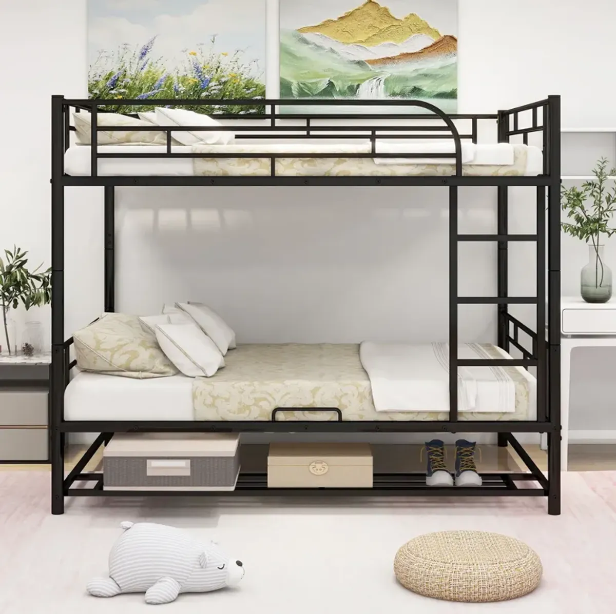 Metal Bunk Bed With Shelf And Guardrails