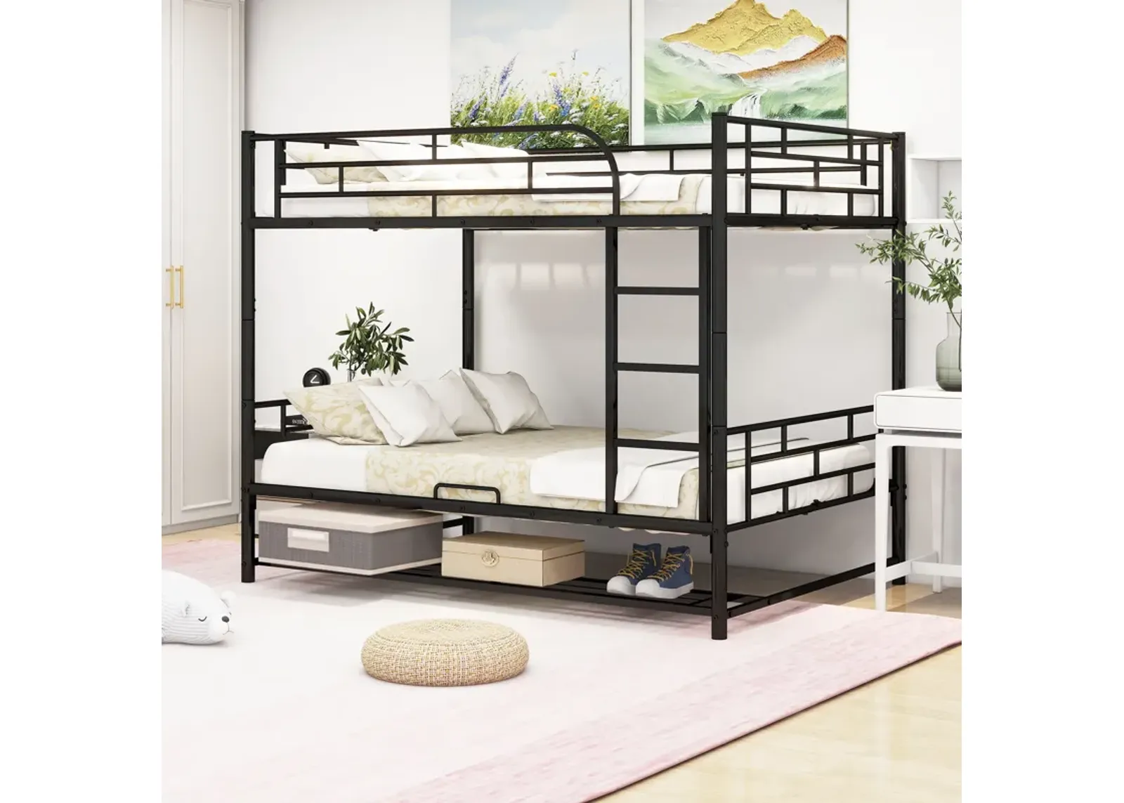 Metal Bunk Bed With Shelf And Guardrails