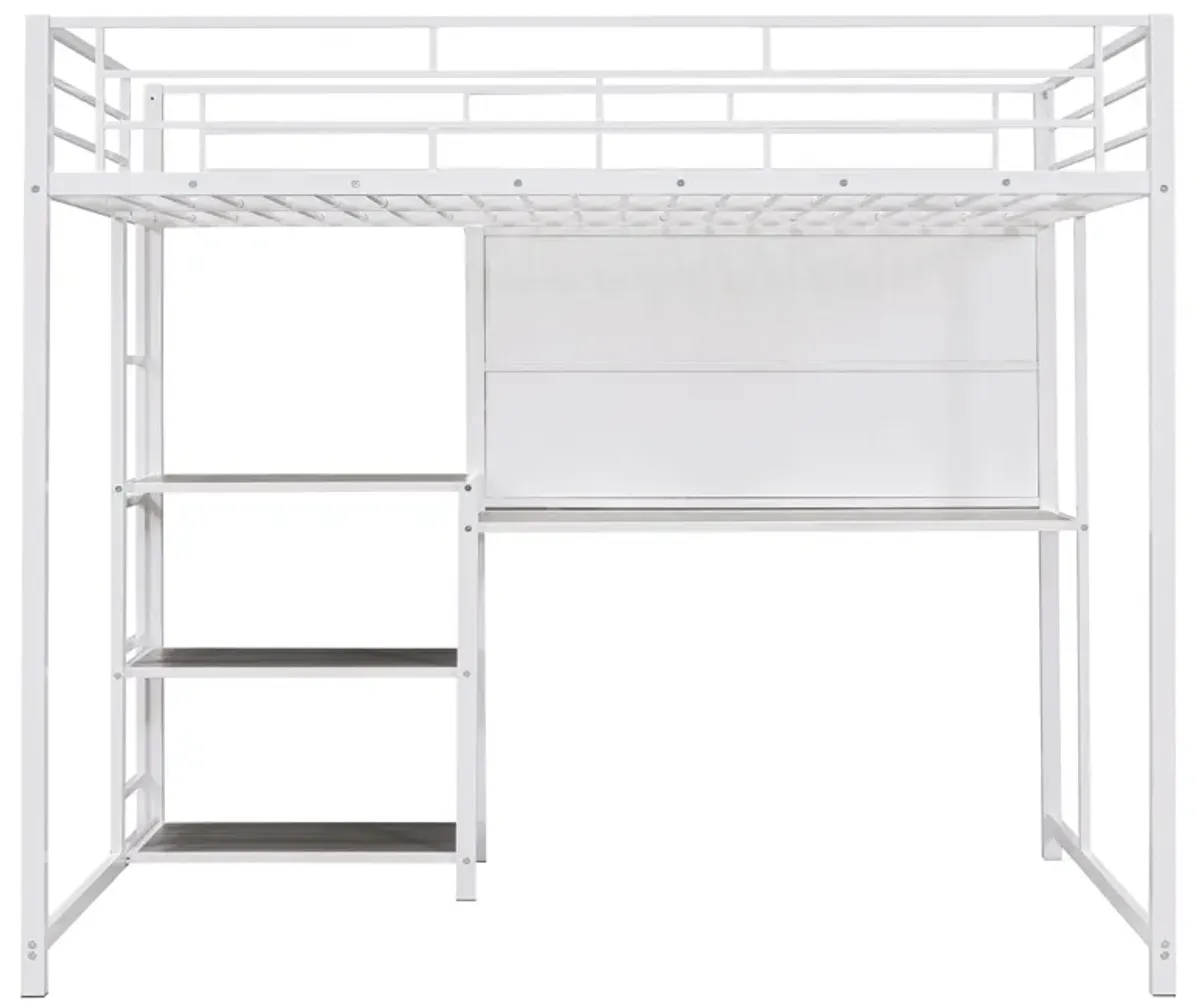 Loft Bed With Desk And Whiteboard, Metal Loft Bed With 3 Shelves And Ladder