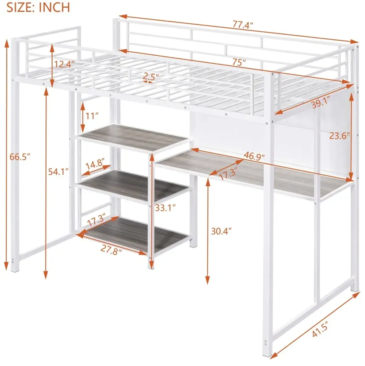 Loft Bed With Desk And Whiteboard, Metal Loft Bed With 3 Shelves And Ladder