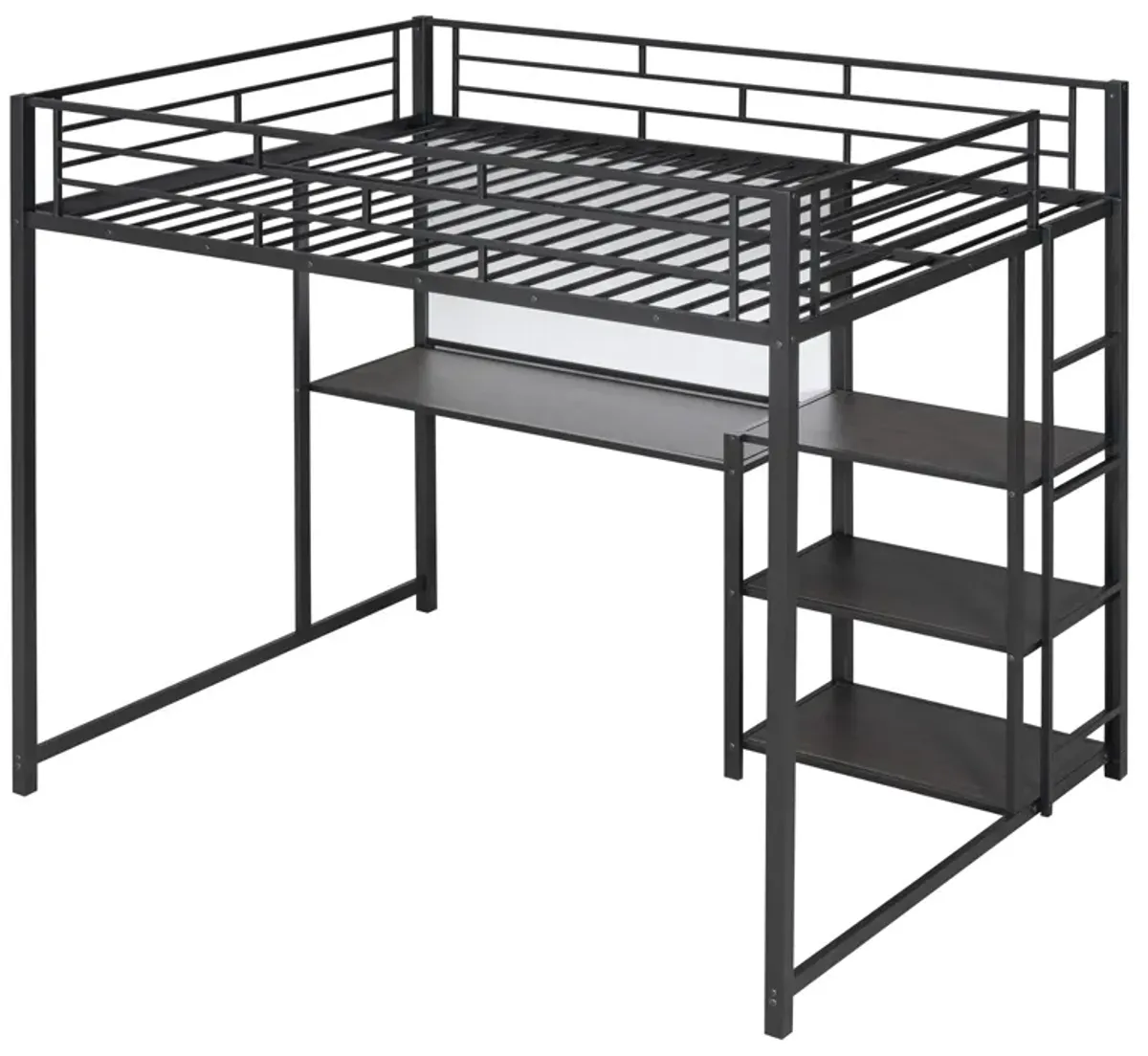 Loft Bed With Desk And Whiteboard, Metal Loft Bed With 3 Shelves And Ladder