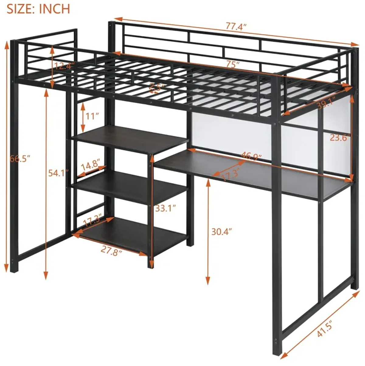 Loft Bed With Desk And Whiteboard, Metal Loft Bed With 3 Shelves And Ladder