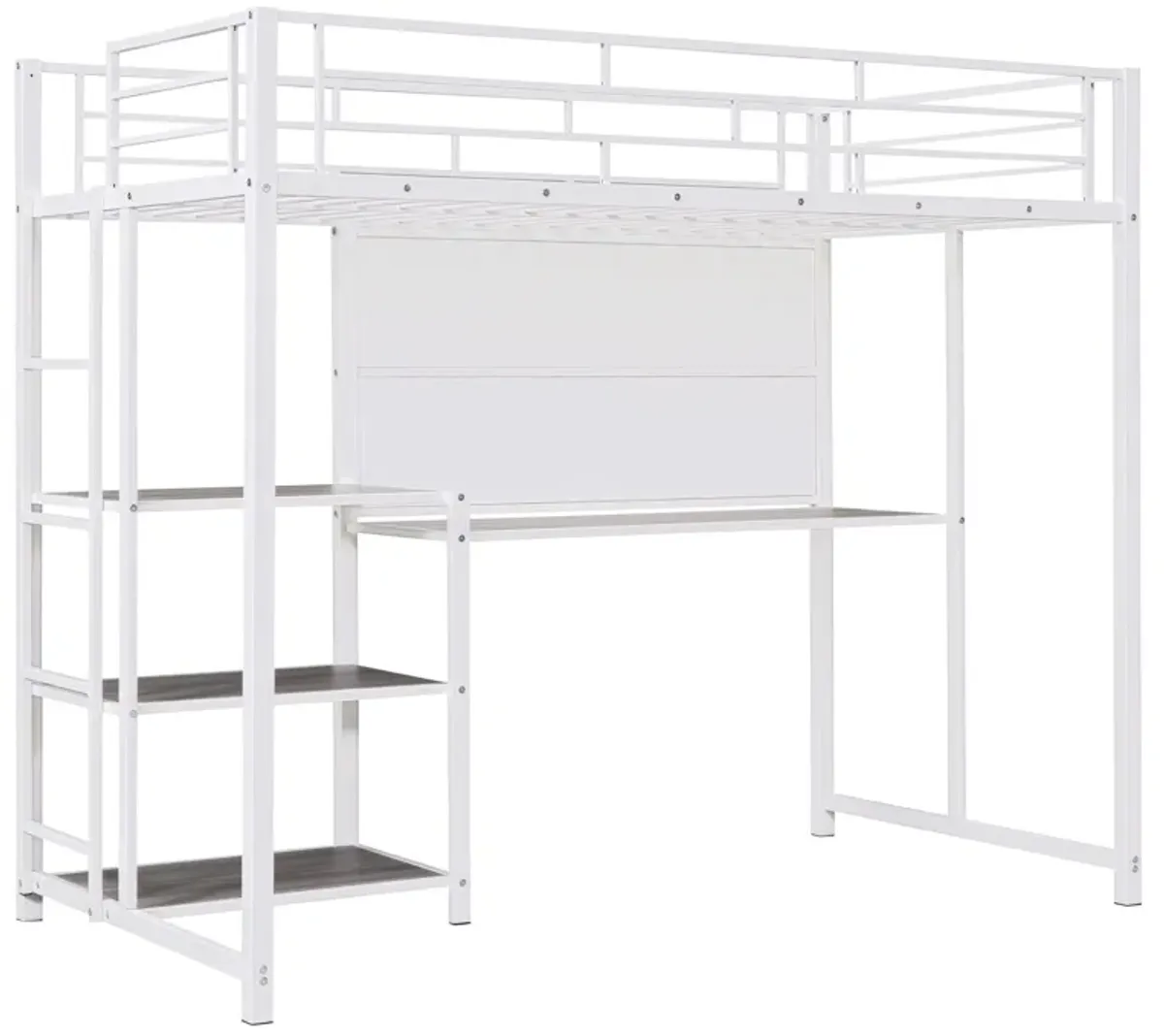 Loft Bed With Desk And Whiteboard, Metal Loft Bed With 3 Shelves And Ladder