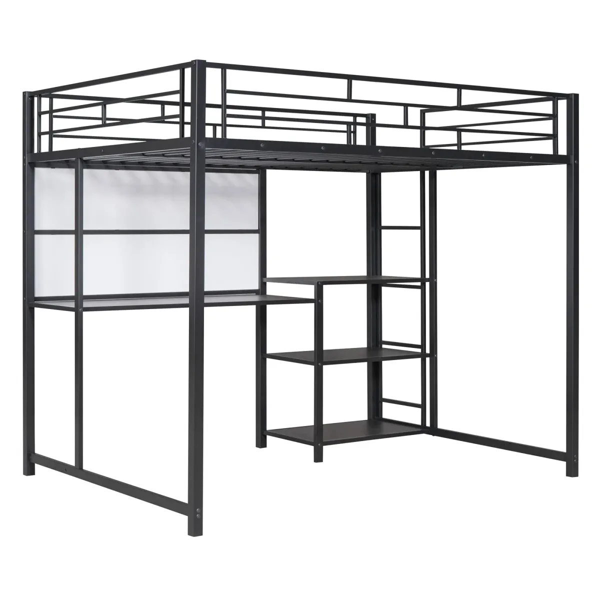 Loft Bed With Desk And Whiteboard, Metal Loft Bed With 3 Shelves And Ladder