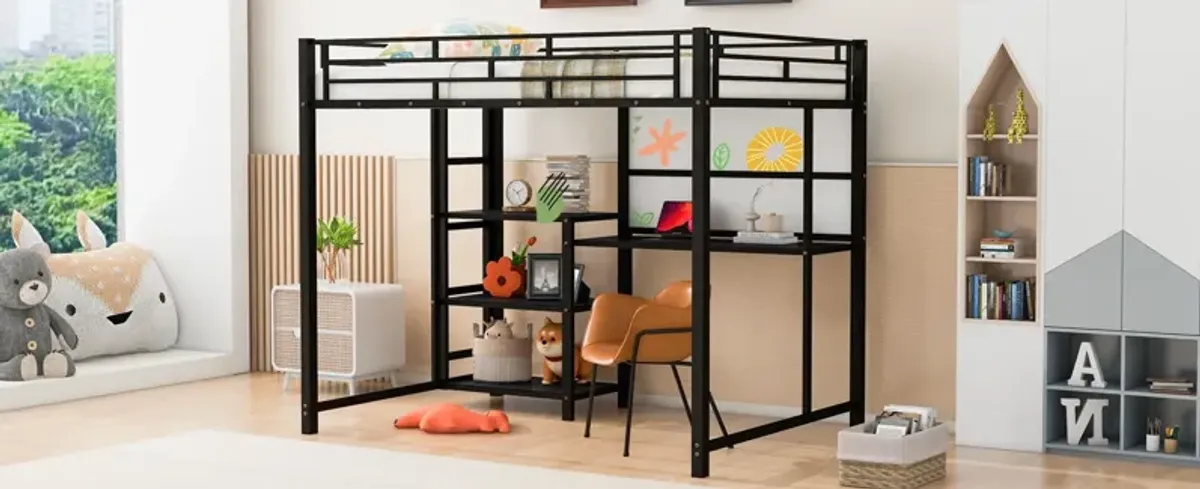 Loft Bed With Desk And Whiteboard, Metal Loft Bed With 3 Shelves And Ladder