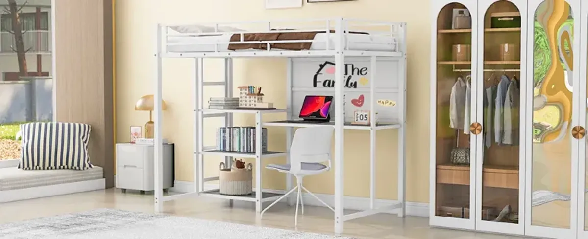 Loft Bed With Desk And Whiteboard, Metal Loft Bed With 3 Shelves And Ladder