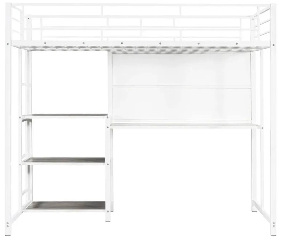 Loft Bed With Desk And Whiteboard, Metal Loft Bed With 3 Shelves And Ladder