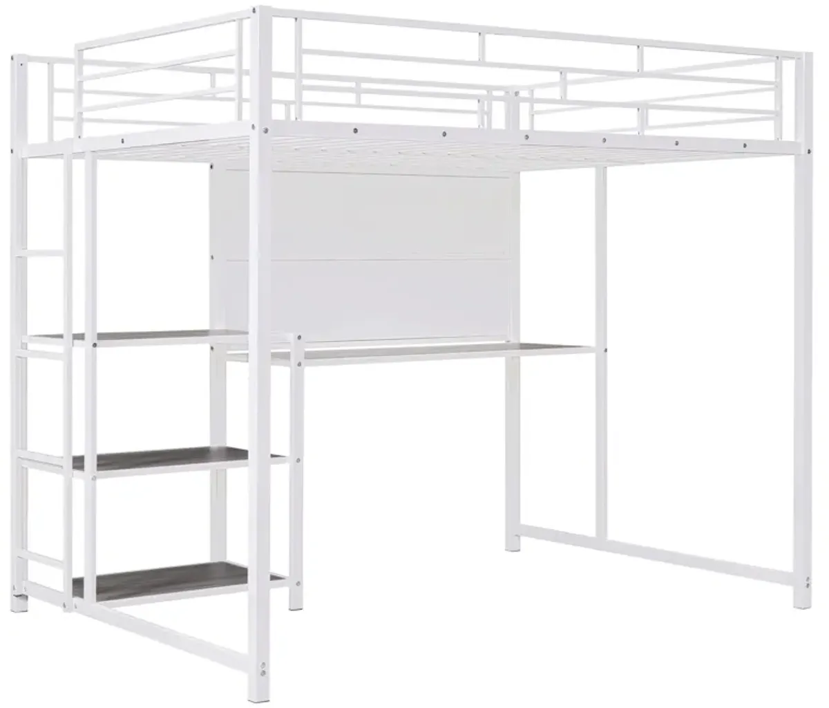 Loft Bed With Desk And Whiteboard, Metal Loft Bed With 3 Shelves And Ladder